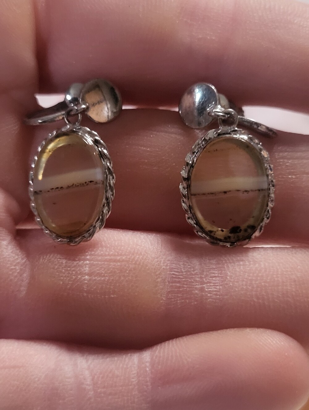 Vintage Sterling Silver Montana Agate Screwback Earrings Mid Century Stamped
